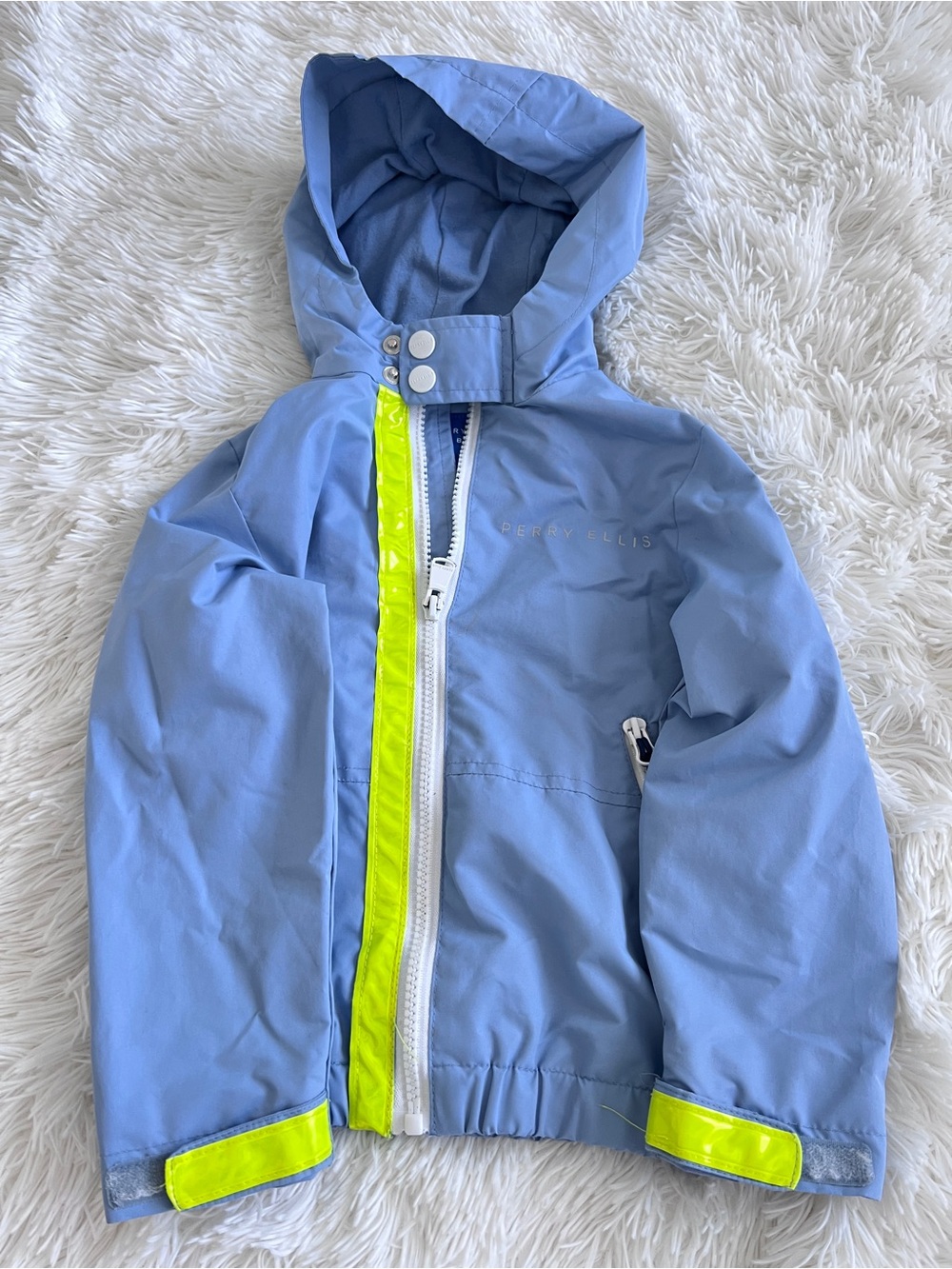 Perry Ellis Light Blue Kids Hooded Rain Jacket with Neon Yellow Trim